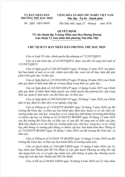 QĐ thành lập trường MN Hoa Hướng Dương sau sáp nhập