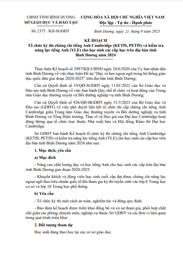 Tổ chức kỳ thi chứng chỉ tiếng Anh Cambridge (KETfS, PETfS) và kiểm tra năng lực tiếng Anh (YLE) cho học sinh các cấp học trên địa bàn tỉnh Bình Dương năm 2024