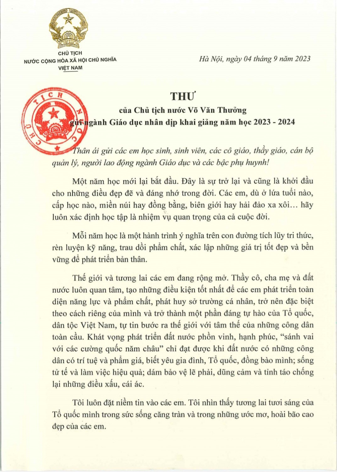 Thư của Chủ tịch nước Võ Văn Thưởng gửi ngành Giáo dục nhân dịp khai giảng năm học 2023 - 2024